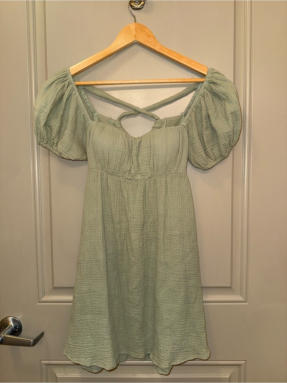 Princess Polly Light Sage Green Puff Sleeve Crisscross Mini Dress